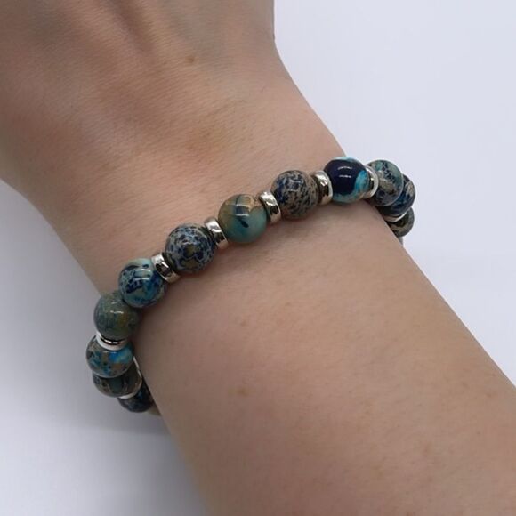 NWT Wool + Pepper Co. Blue Imperial Jasper & Silver Beaded Bracelet - Picture 3 of 4
